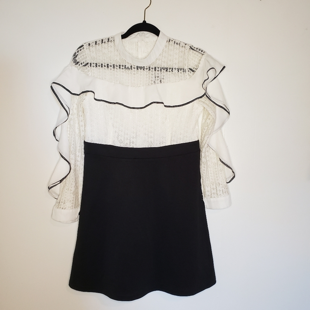 Vicky and Lucas Black White Ruffle Lace Long Sleeve Sheath Dress XS